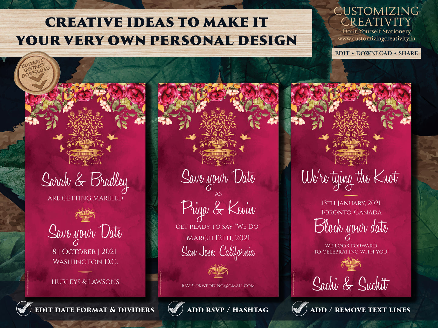 Save the date editable template digital download for your Royal Indian Wedding Invitation in Maroon with flowers, Birds & Gold Indian Motif