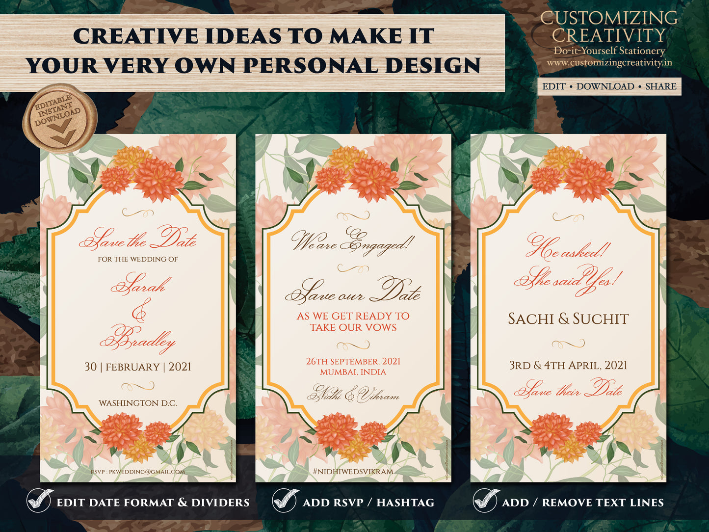Marigold Save the date Orange as Indian Save the Date Digital, Electronic Save the Date Hindu & Traditional Save the Date Desi Wedding DIY