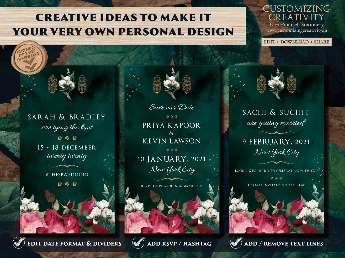 Emerald Green Save the date digital download, Emerald Save the Date Indian as Jewel tone Save the Date electronic, Hindu Save the Date DIY