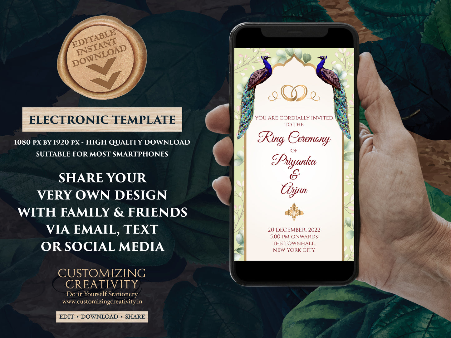 Electronic Engagement invitation Peacock as Ring Ceremony cards Digital, Digital Ring Ceremony invites & Indian Engagement cards Peacock