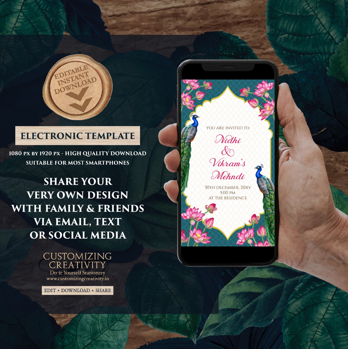 Digital Mehndi invite Dholki invitation, Mehendi invitation & Digital Mehndi invitation, Mendhi Night invite as Dholki invites Mehndi cards