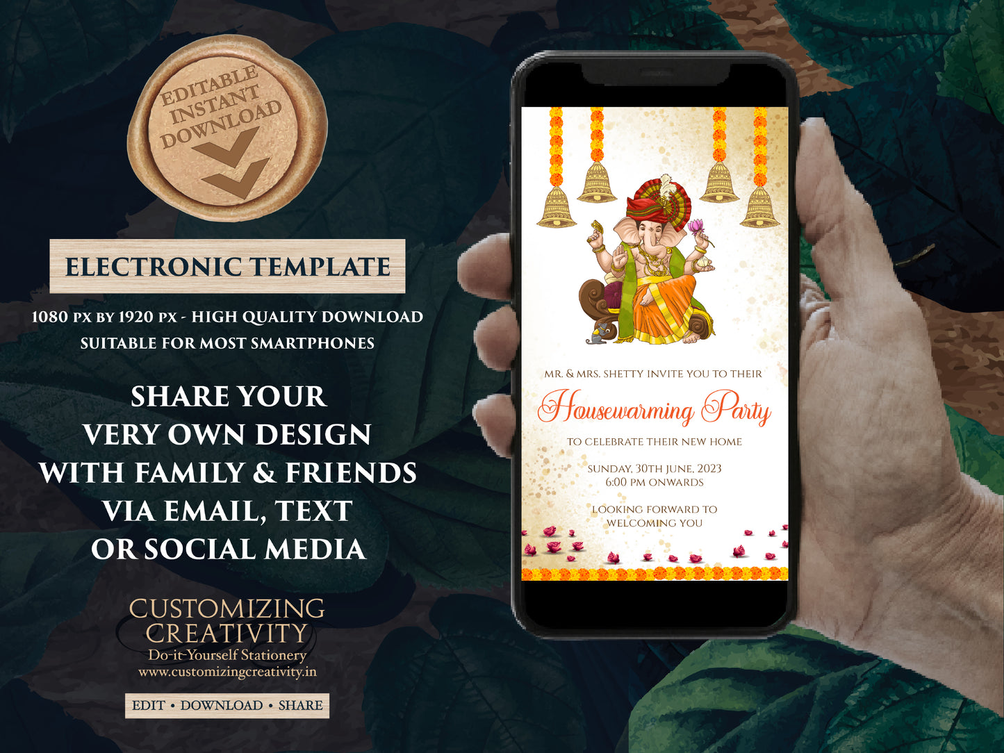 Ganesha invitations as Indian Housewarming invites as Ganesha invites as Digital Housewarming invitations, Indian Housewarming party invites