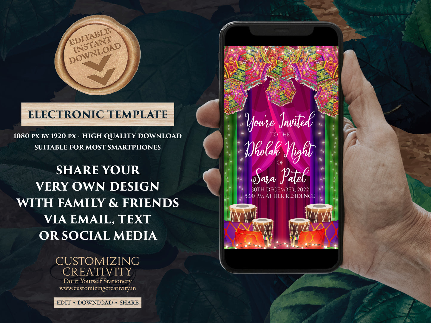Muslim Dholak night invites, Punjabi Dholki invites digital as Muslim Dholki invitation, Dholak invitation & Pakistani Dholak Invite Digital