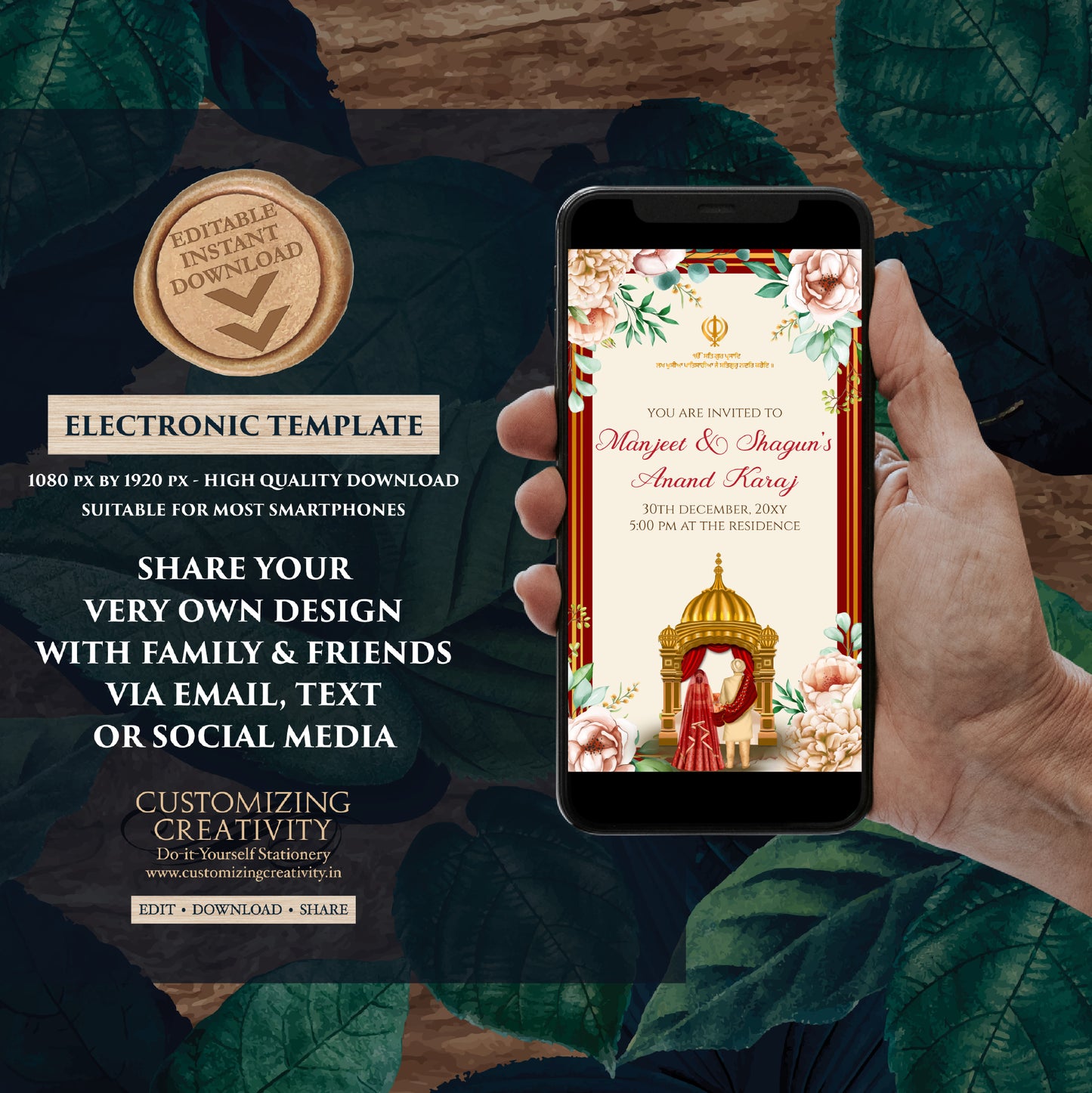 Digital Anand Karaj invitation Sikh invites, Anand Karaj invitations Digital Sikh Wedding cards, Sikh wedding invites as Punjabi invitations
