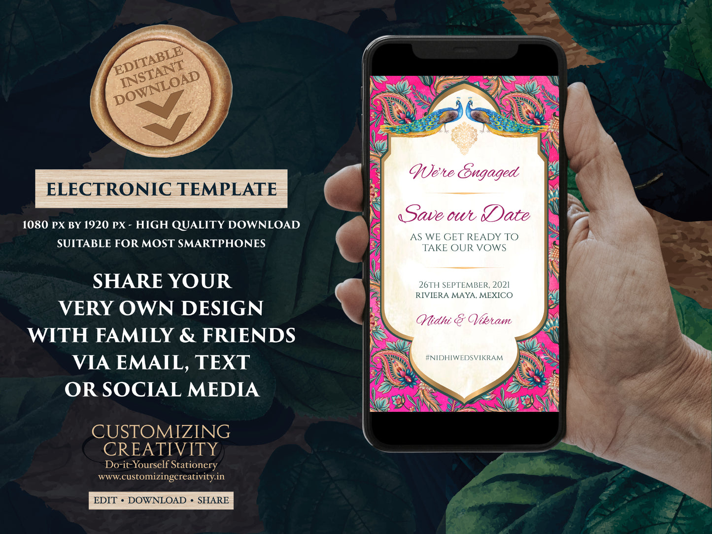 Save the date template digital download for your Boho Indian Theme Wedding Invitation Card with Peacocks, Paisleys & flowers in Fuchsia pink