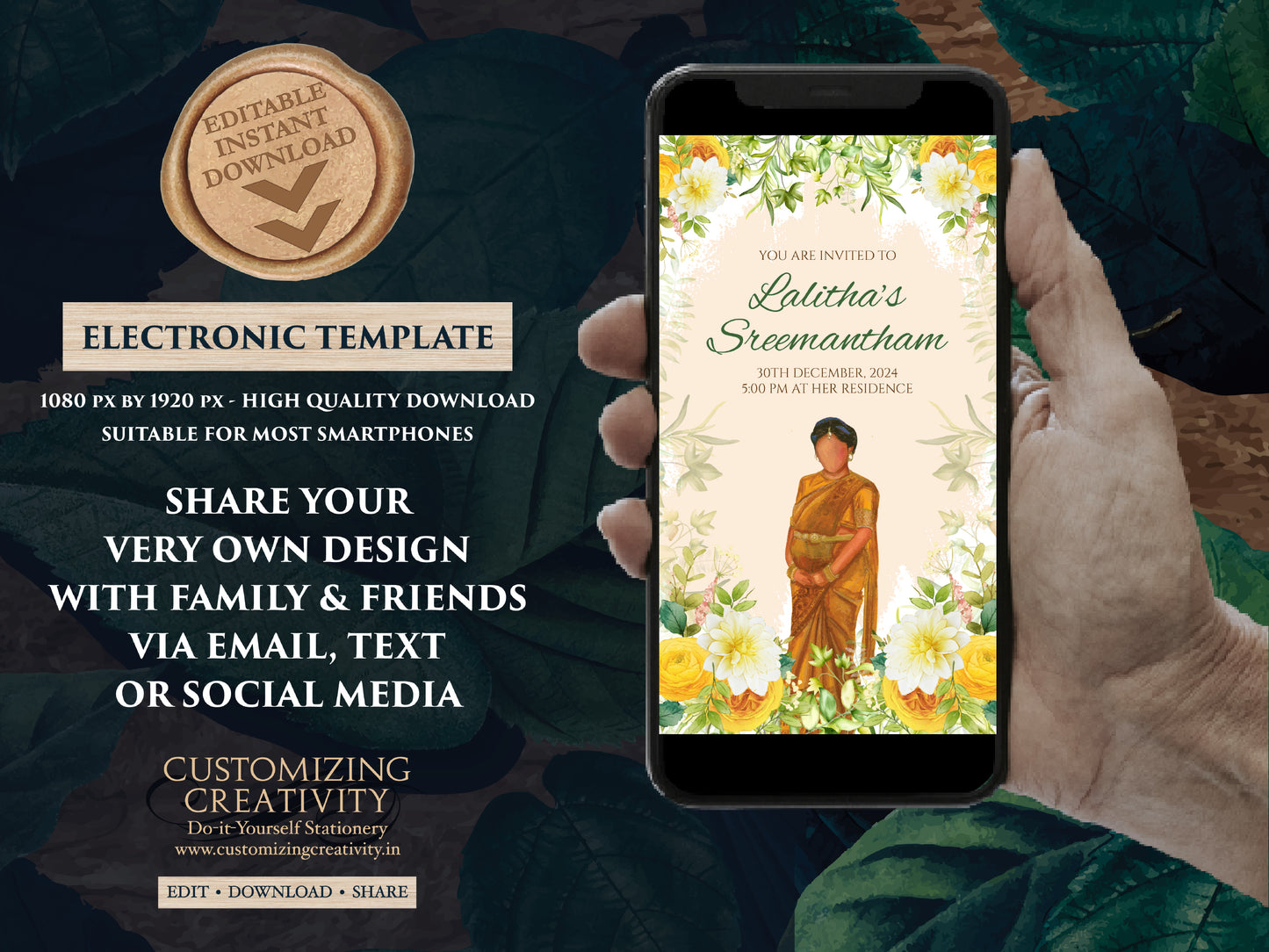 Sreemantham invite as Seemantham invitation, South Indian Baby Shower invite as Godh Bharai invite, Valaikappu Seemantham invite Godh bharai