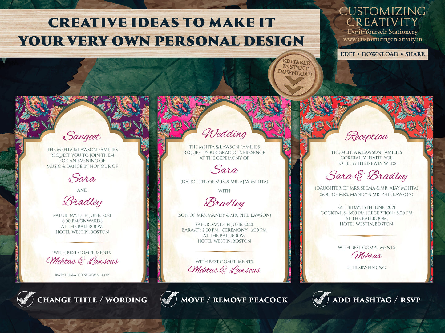 Paisley Wedding Invitation Template Download for a Boho Indian Wedding Peacock Invitation Suite, Modern, Elegant DIY Editable Wedding Invite