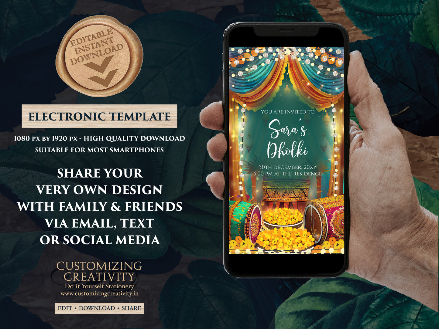 Muslim Dholki invitations & Mehndi invites, Digital Dholki invites Mehndi invitation, Mehendi invite as Digital Pakistani wedding invitation