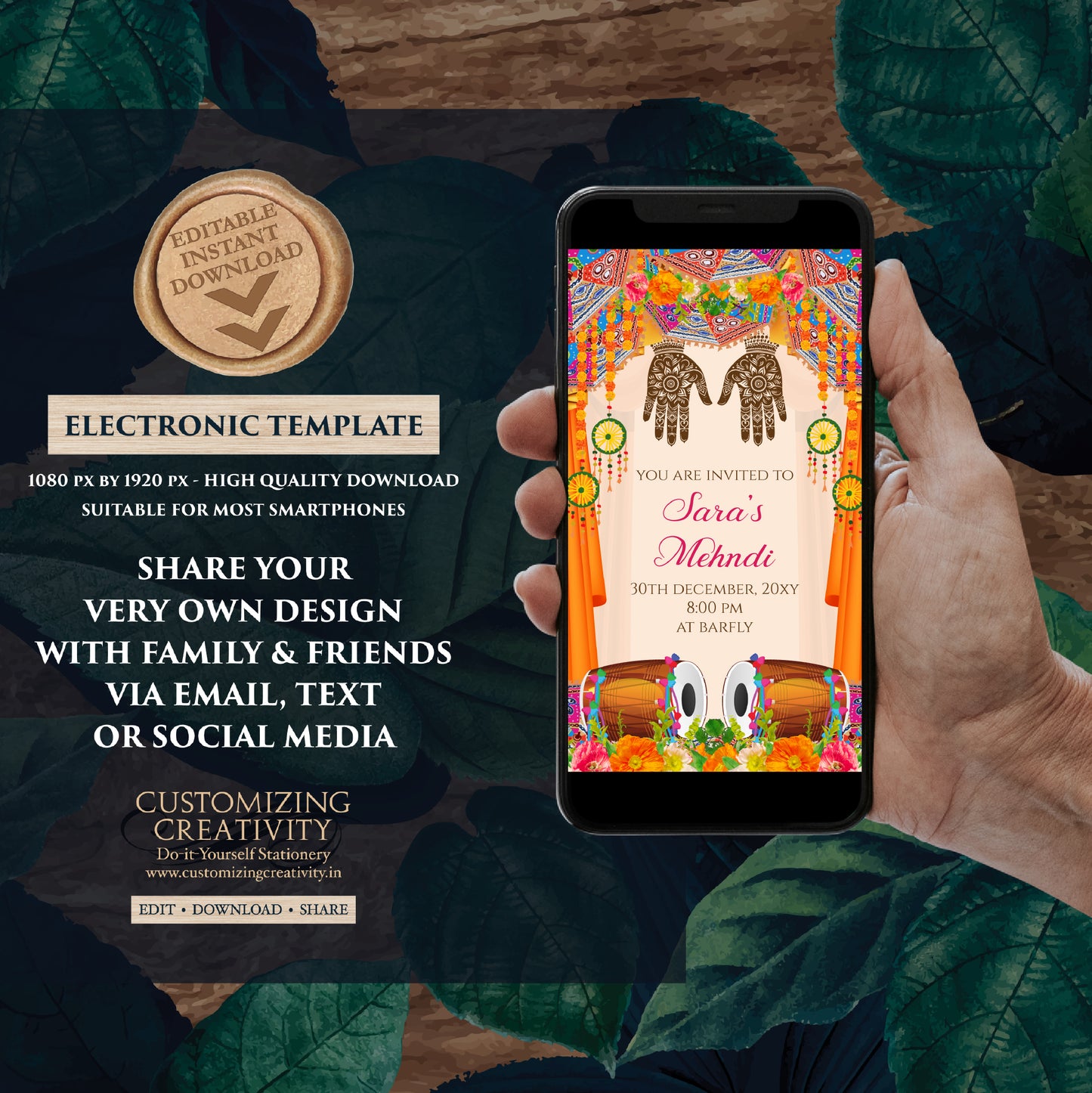 Dholki invitations Mendhi Night invite, Mehendi invitation & Digital Mehndi invite, Mehndi invitations Digital Dholki invite as Mehndi cards