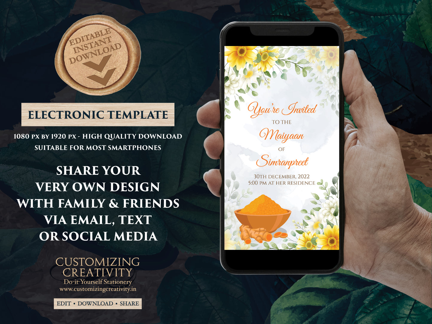 Maiyyan invites as Haldi invitations, Pithi Invites, Haldi ceremony invitations Electronic Vatna ceremony & Digital Haldi invite Maiyan card