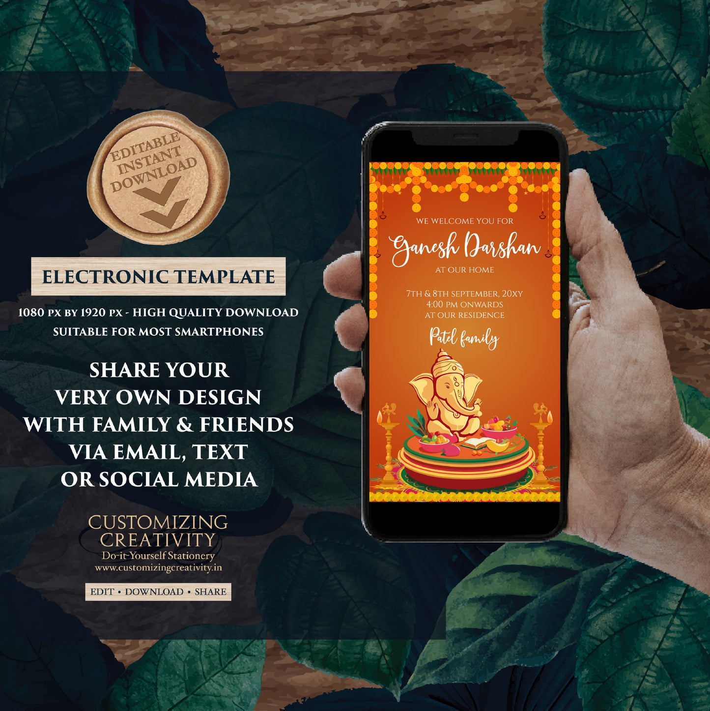 Ganesh invitations Digital Ganpati invites Ganesh Chaturthi card, Ganpati darshan invitation card Ganesh pooja invite as Ganpati invitations