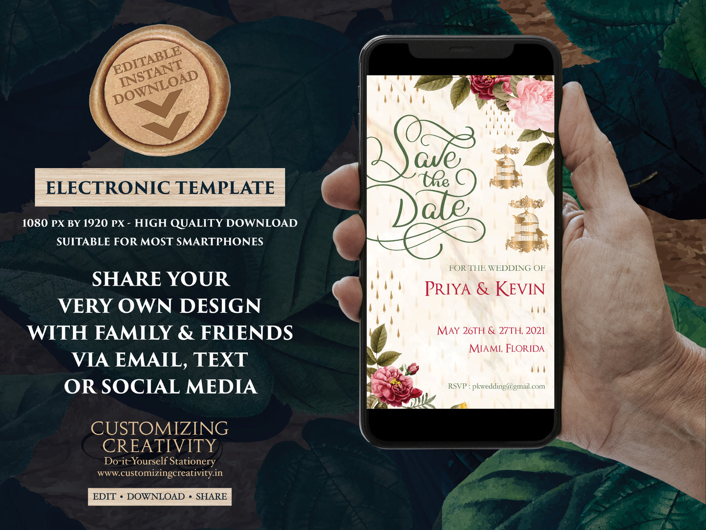 Red & Pink Floral Save the date editable template instant download, for your Indian Wedding Invitation with Red Flowers, Golden bird cages