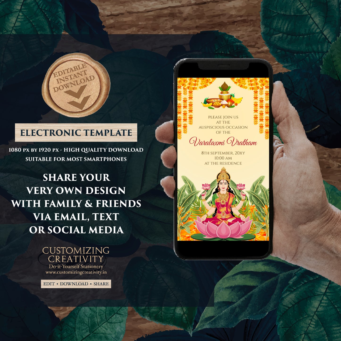 Digital Laxmi Pooja Invitation Varamahalakshmi Vratham Invite, Laxmi Puja invite & Lakshmi Puja Invitation, Digital Varalaxmi Pooja Invite