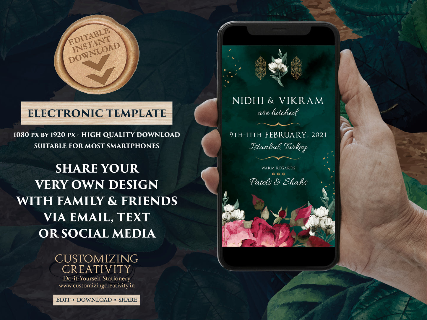 Emerald Green Save the date digital download, Emerald Save the Date Indian as Jewel tone Save the Date electronic, Hindu Save the Date DIY