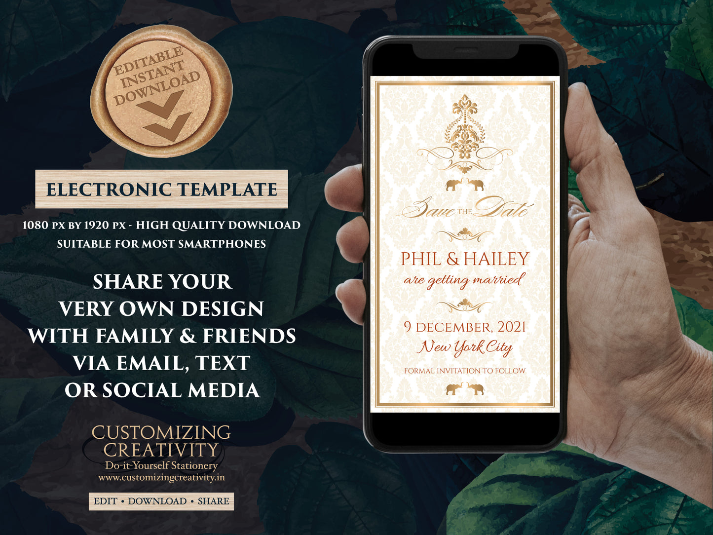 Gold Save the date Invite & Wedding Save the date template Hindu, Baroque Save the date Elephant as Indian Save the Date Digital invitations