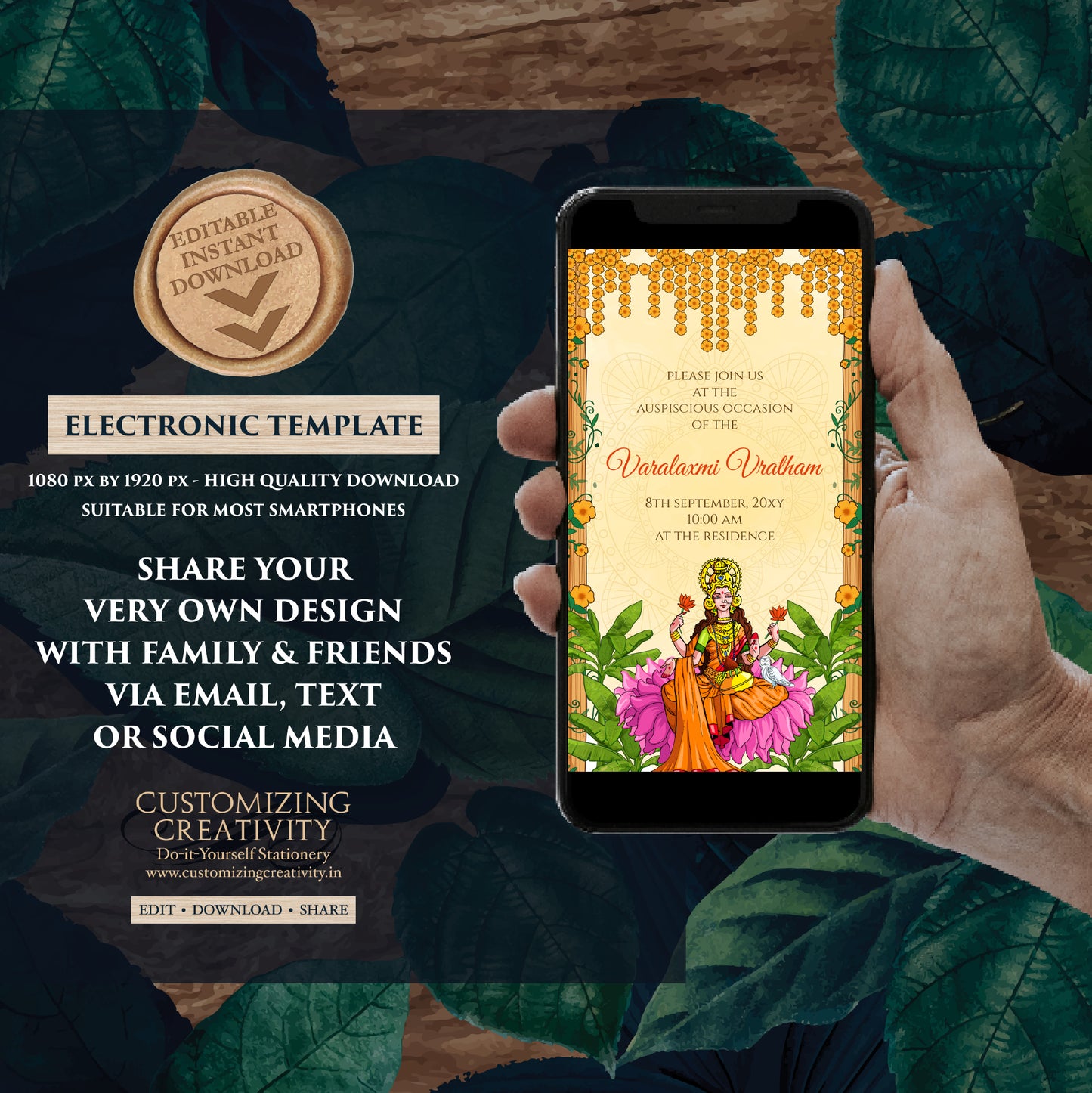 Digital Varalaxmi Pooja Invite Laxmi Puja Invitation, Varamahalakshmi Vratham Invitation as Laxmi Puja invite, Digital & Lakshmi Puja Invite