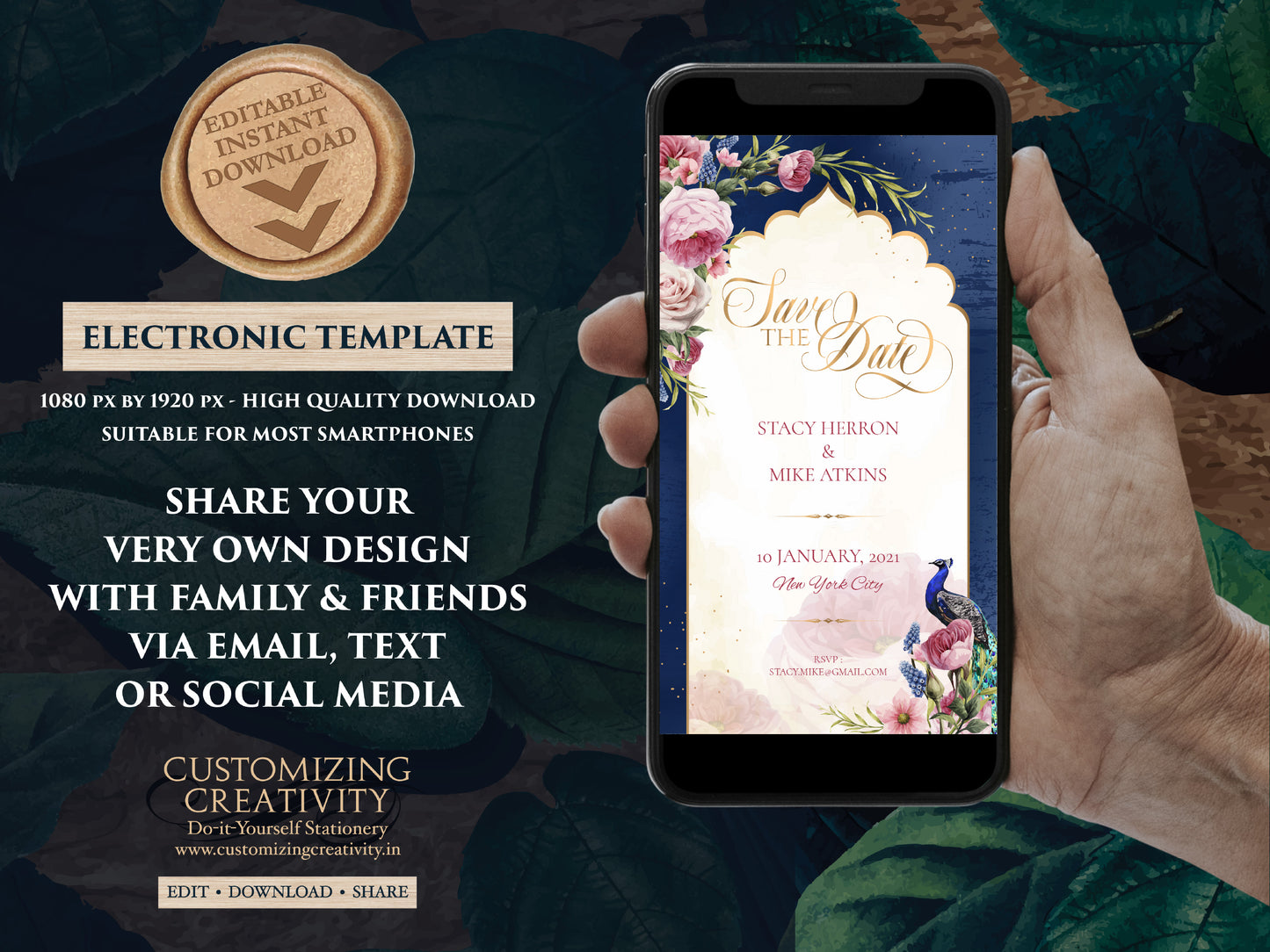 Indian Save the date Navy Wedding, Digital Blue Save the date template Peacock & Navy Save the date, Peacock Save the date Navy Blue Hindu