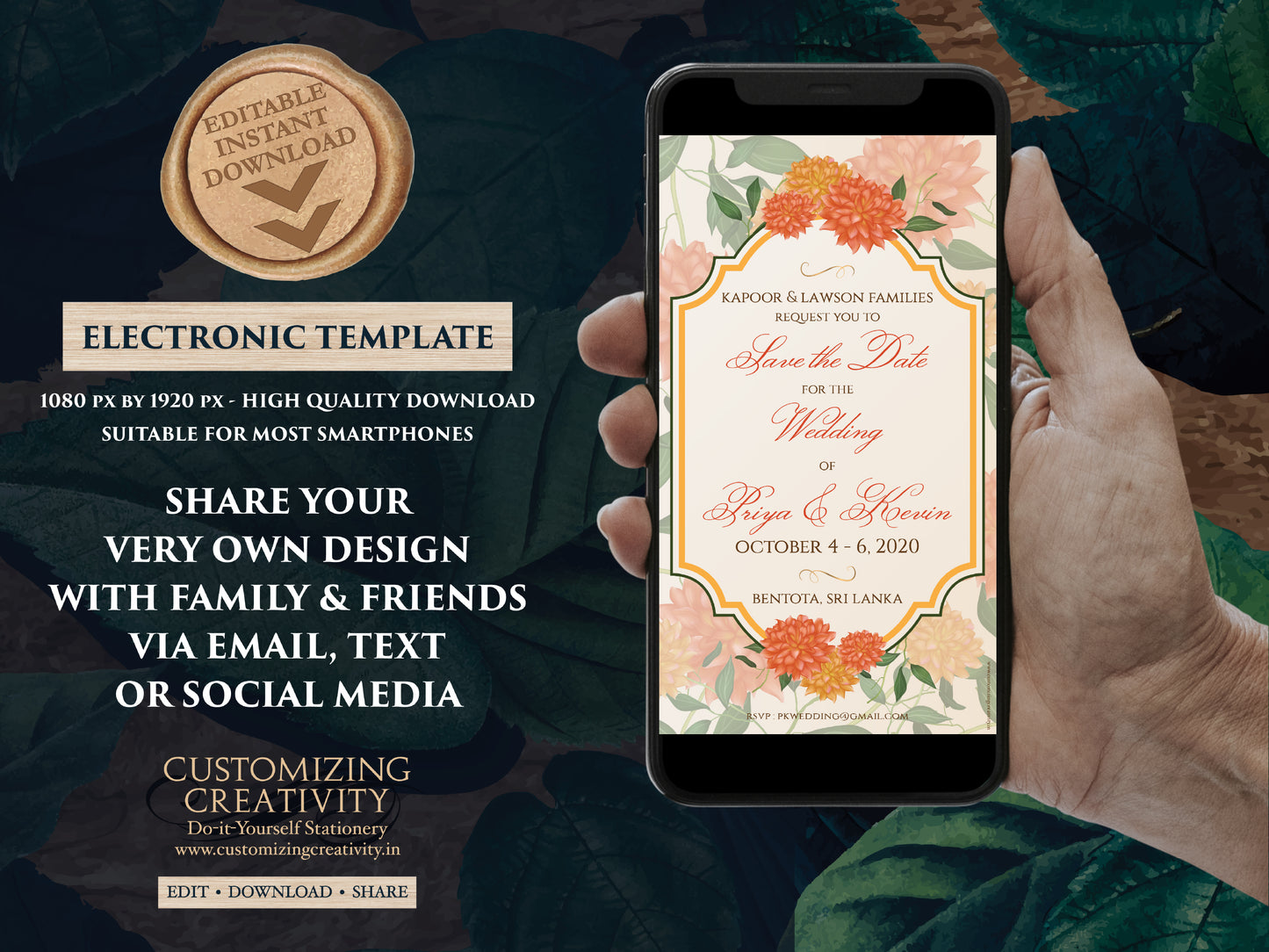 Marigold Save the date Orange as Indian Save the Date Digital, Electronic Save the Date Hindu & Traditional Save the Date Desi Wedding DIY