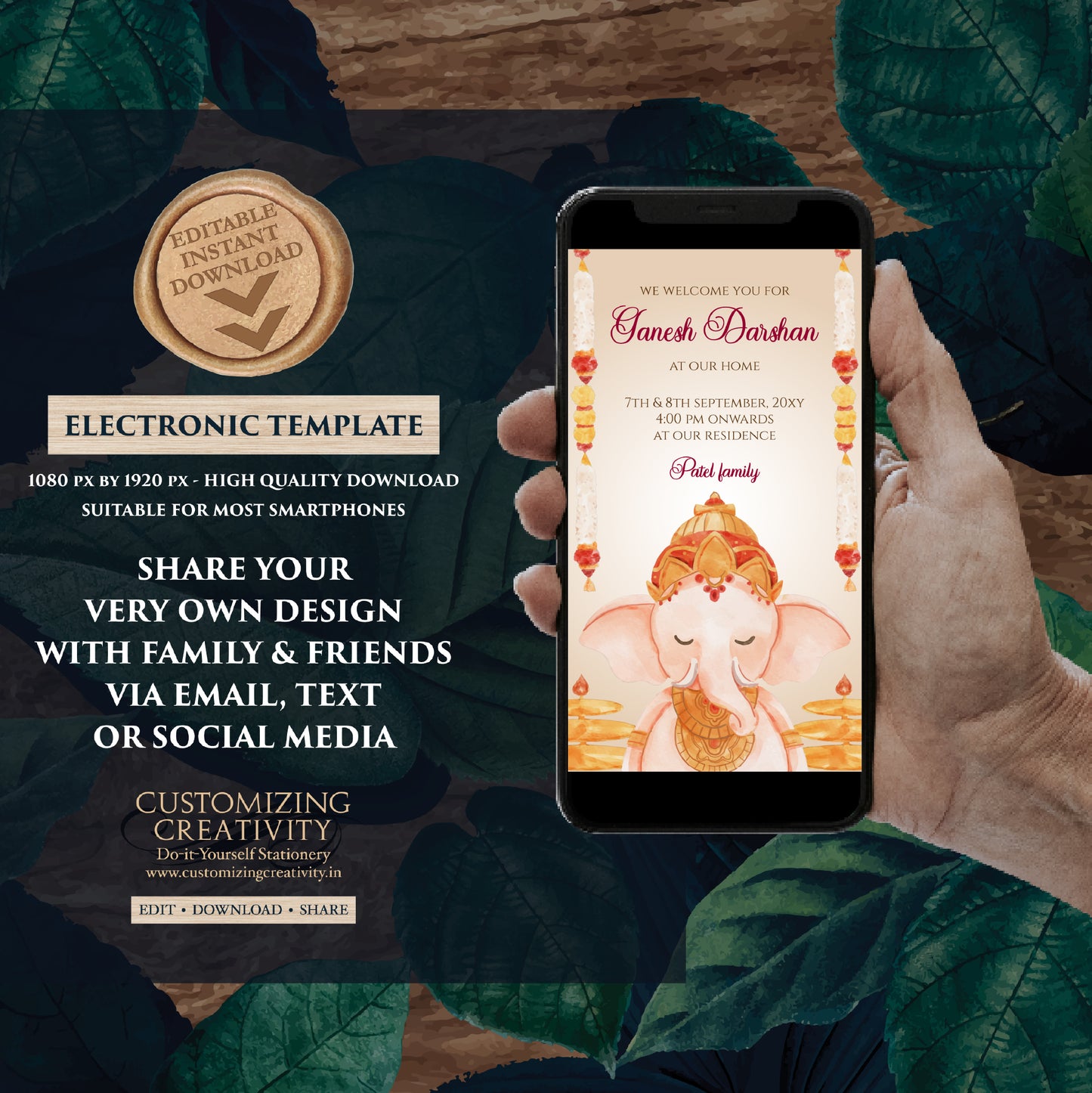 Ganesh Chaturthi card Digital Ganpati invites Ganesh invitations, Ganpati darshan invitation card Ganesh pooja invite as Ganpati invitations