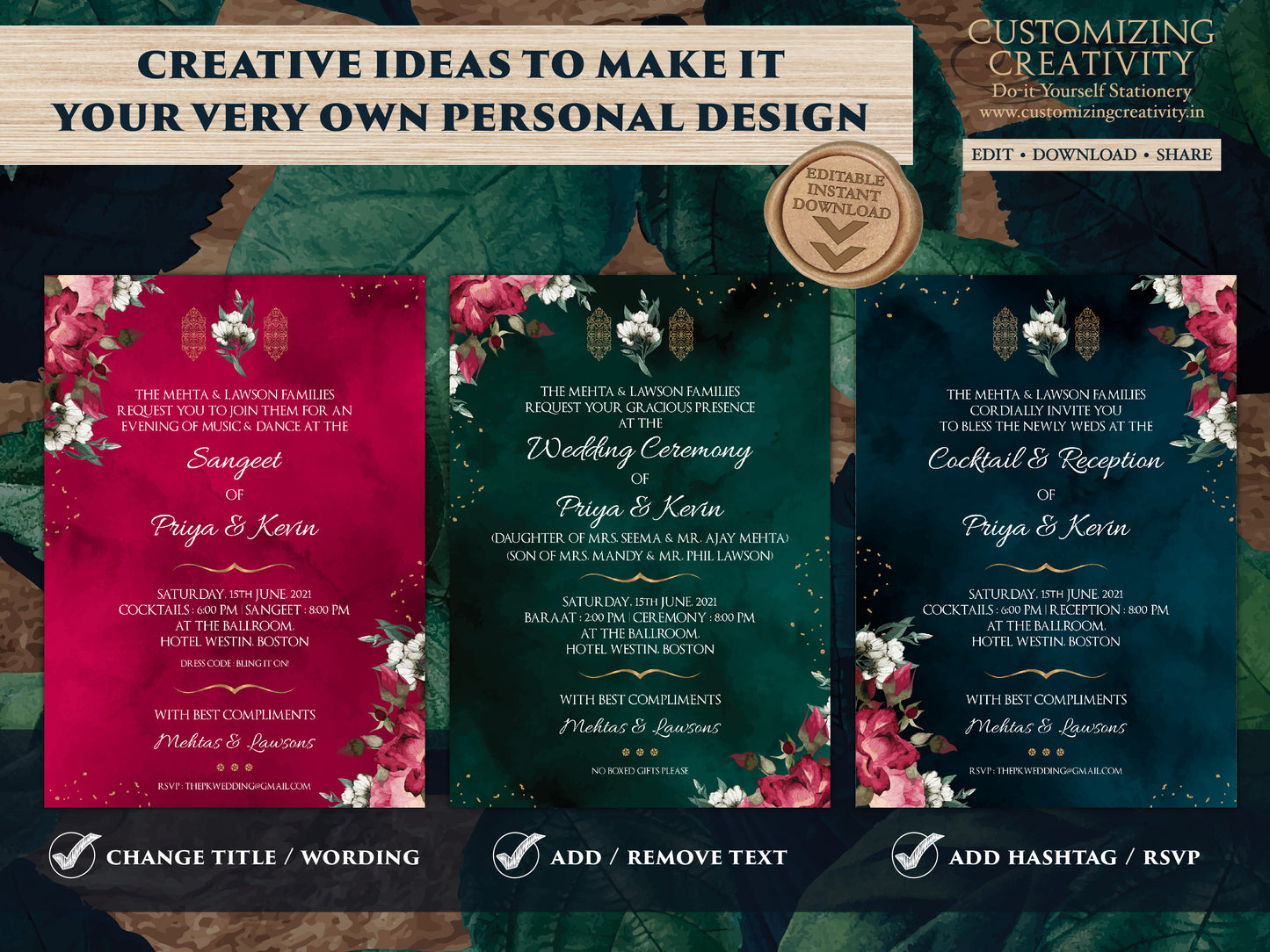 Emerald Green Wedding Invitation Card with Burgundy & Gold Invitation for a Royal Wedding, DIY Wedding templates with Navy Floral Wedding