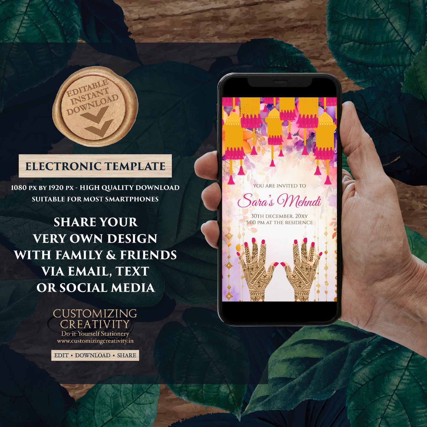 Mehndi invitations Digital Dholki invite & Mendhi Night invite as Dholki invitations Mehndi cards, Digital Mehendi invitation Mehndi invite