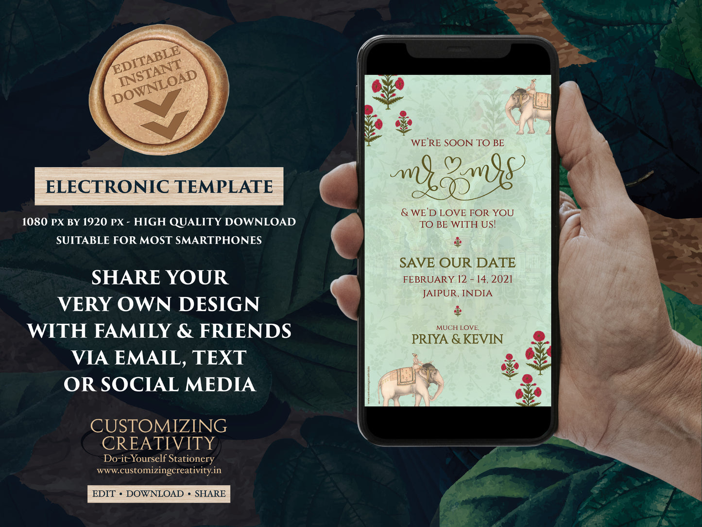 Elephant Save the date as Indian Save the Date Mint green, Pastel Save the date Royal Elephant & Indian Digital Save the Date Indian Wedding