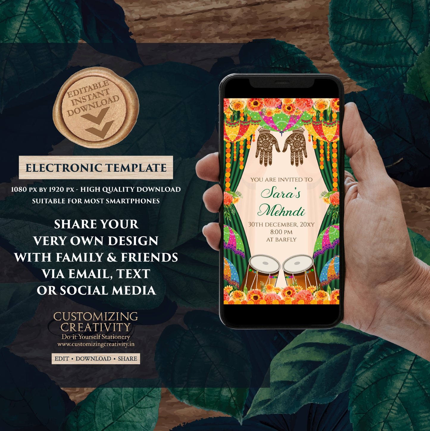 Digital Dholki invite Mehndi invitations, Mehendi invitation & Digital Mehndi invite, Mendhi Night invite as Dholki invitations Mehndi cards