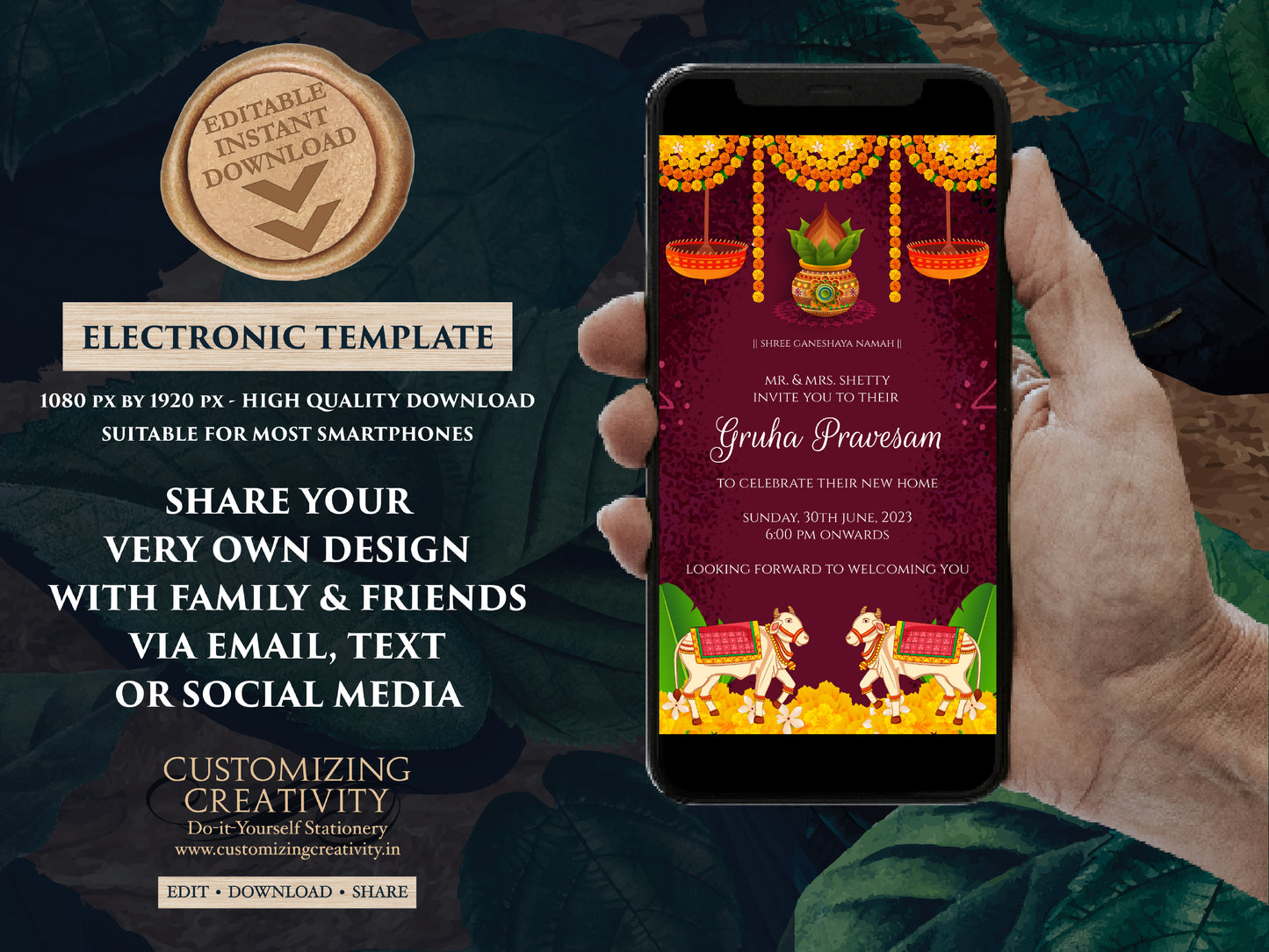Pooja invite as Gruha pravesh invite, Griha pravesh invite as Housewarming invite, Gruhapravesam invitation & Indian Housewarming invitation