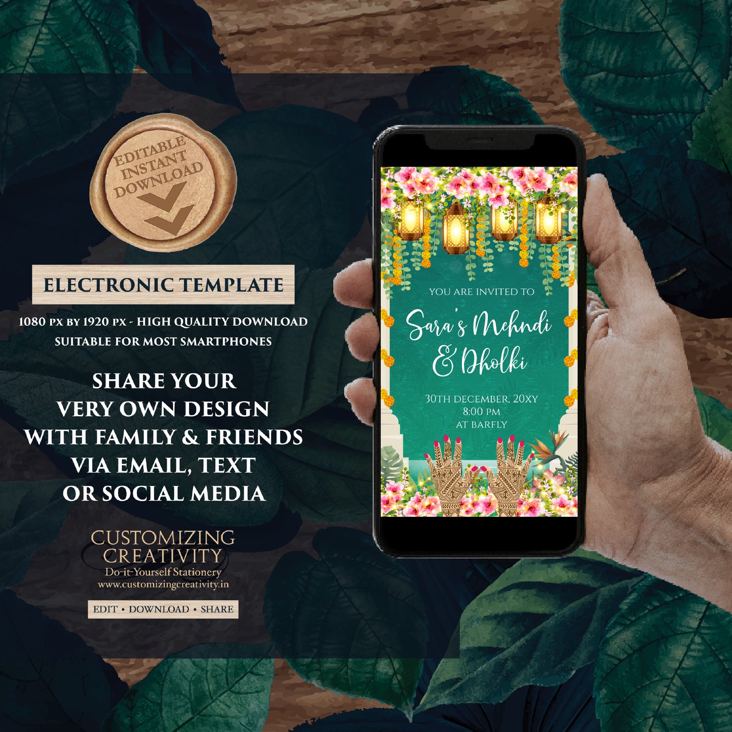 Dholki invitations Mehndi invites, Digital Muslim Dholki invites Mehndi invitation, Mehendi invite as Digital Pakistani wedding invitation