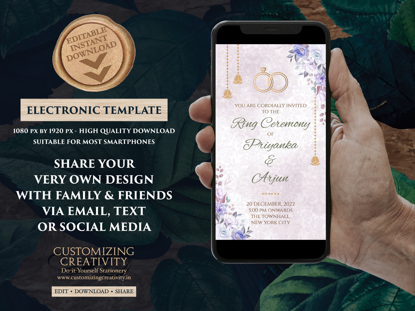 Ring Ceremony invite Spring as Summer Engagement template Indian, Digital Ring Ceremony cards Floral & WhatsApp Engagement invitations Hindu