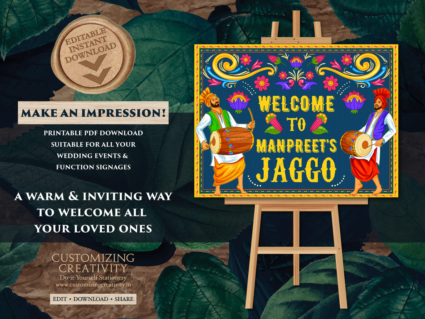 Jaggo Welcome Signs as Punjabi Wedding Decor signage, Jaggo signs Bhangra as Sikh Wedding Decor sign, Jago sign Welcome as Jago Welcome sign