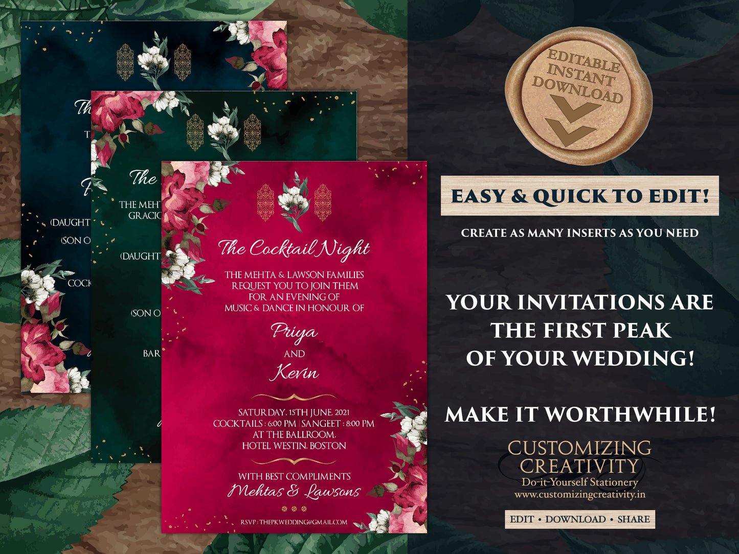 Emerald Green Wedding Invitation Card with Burgundy & Gold Invitation for a Royal Wedding, DIY Wedding templates with Navy Floral Wedding