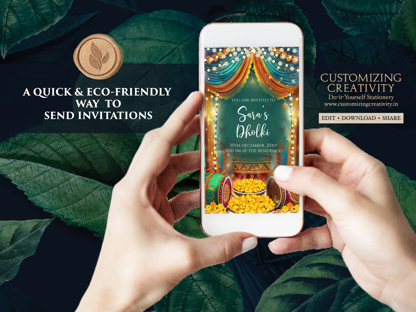 Muslim Dholki invitations & Mehndi invites, Digital Dholki invites Mehndi invitation, Mehendi invite as Digital Pakistani wedding invitation