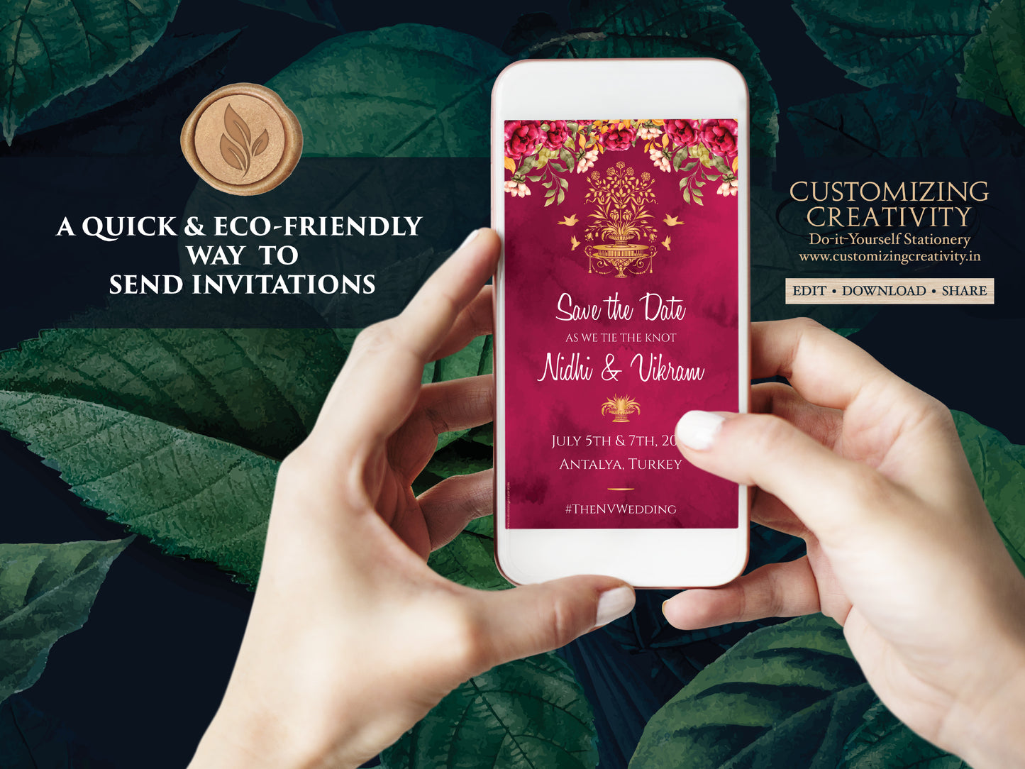 Save the date editable template digital download for your Royal Indian Wedding Invitation in Maroon with flowers, Birds & Gold Indian Motif