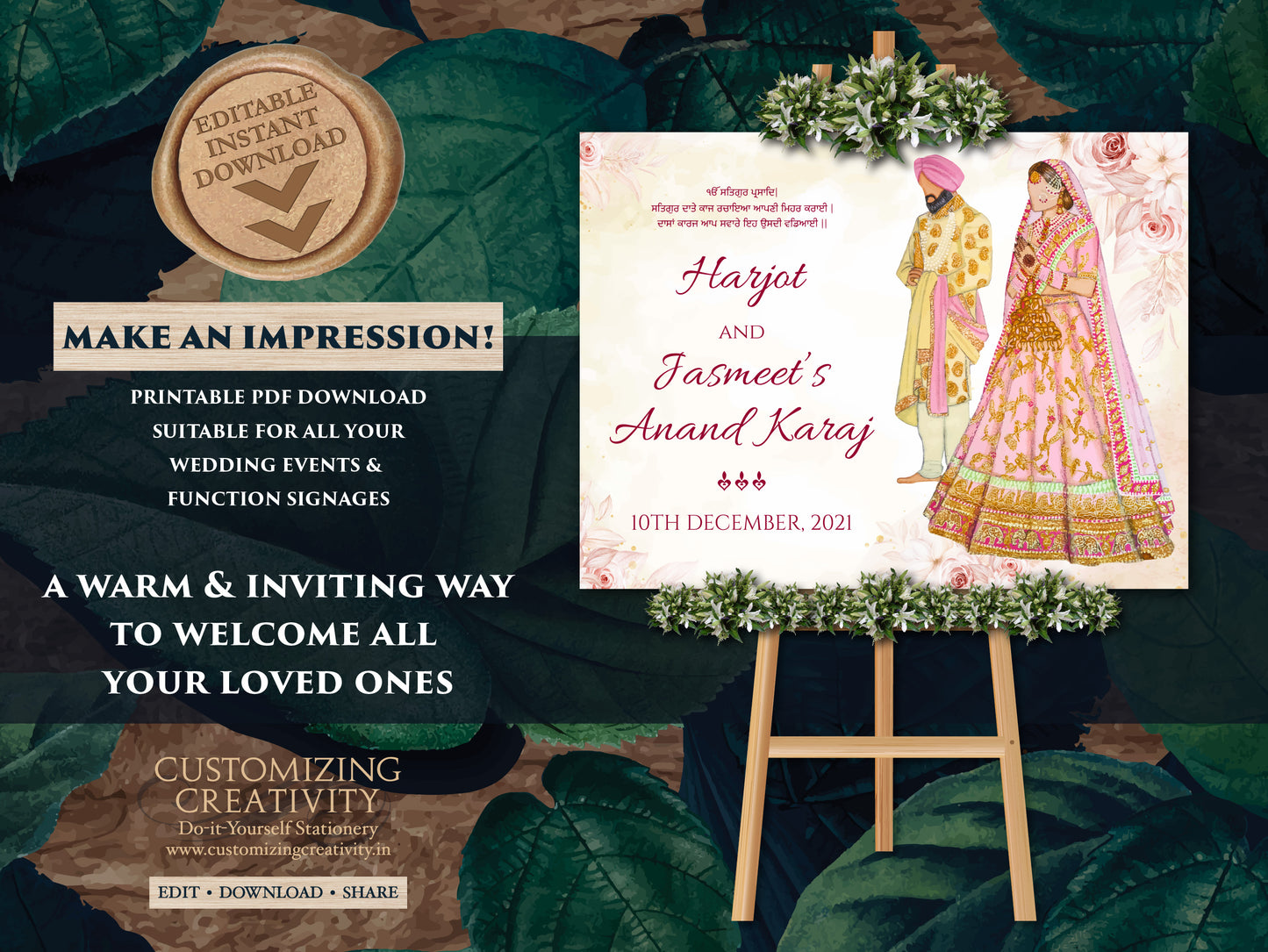 Sikh Wedding Welcome Signage as Anand Karaj Signage, Indian Wedding Welcome signs & Sikh Welcome Signs, Gurudwara Wedding Signage Entry Sikh