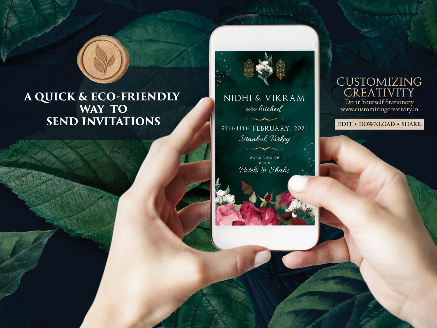 Emerald Green Save the date digital download, Emerald Save the Date Indian as Jewel tone Save the Date electronic, Hindu Save the Date DIY