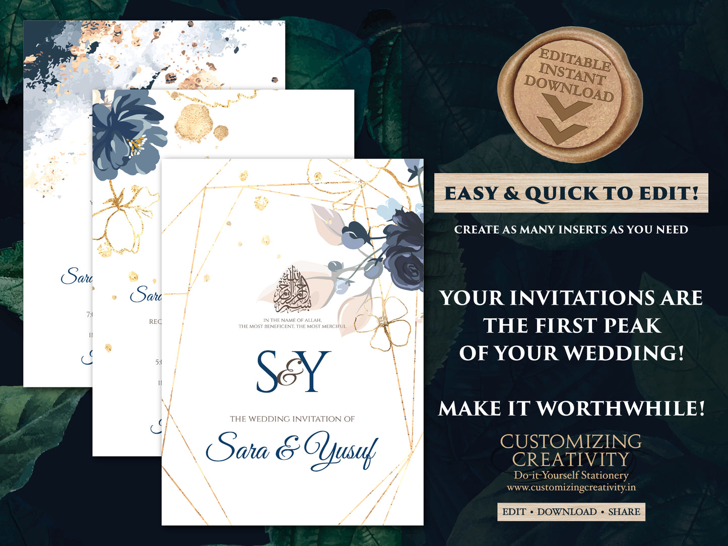 Digital Muslim wedding cards Islamic Nikkah invitations, Muslim Wedding Invitation Islamic as Nikkah cards & Pakistani Wedding invite Muslim