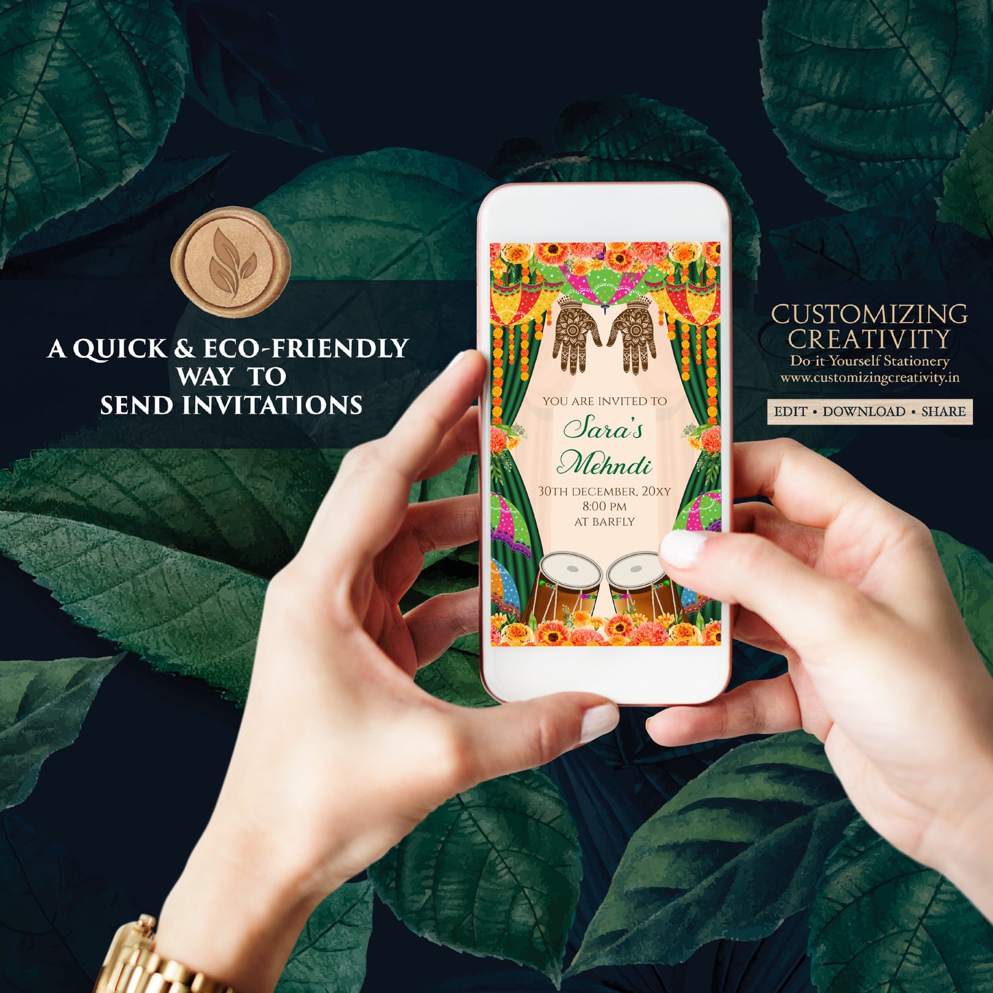 Digital Dholki invite Mehndi invitations, Mehendi invitation & Digital Mehndi invite, Mendhi Night invite as Dholki invitations Mehndi cards