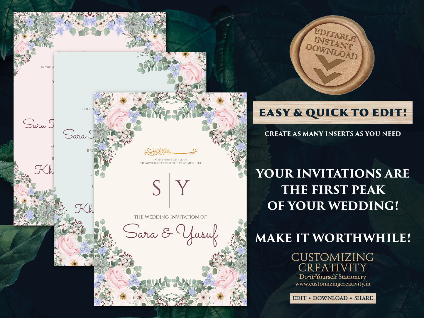 Digital Muslim Wedding Invitation Islamic, Nikkah invitation & Pakistani Wedding invite Muslim, Muslim wedding cards Islamic as Nikkah cards