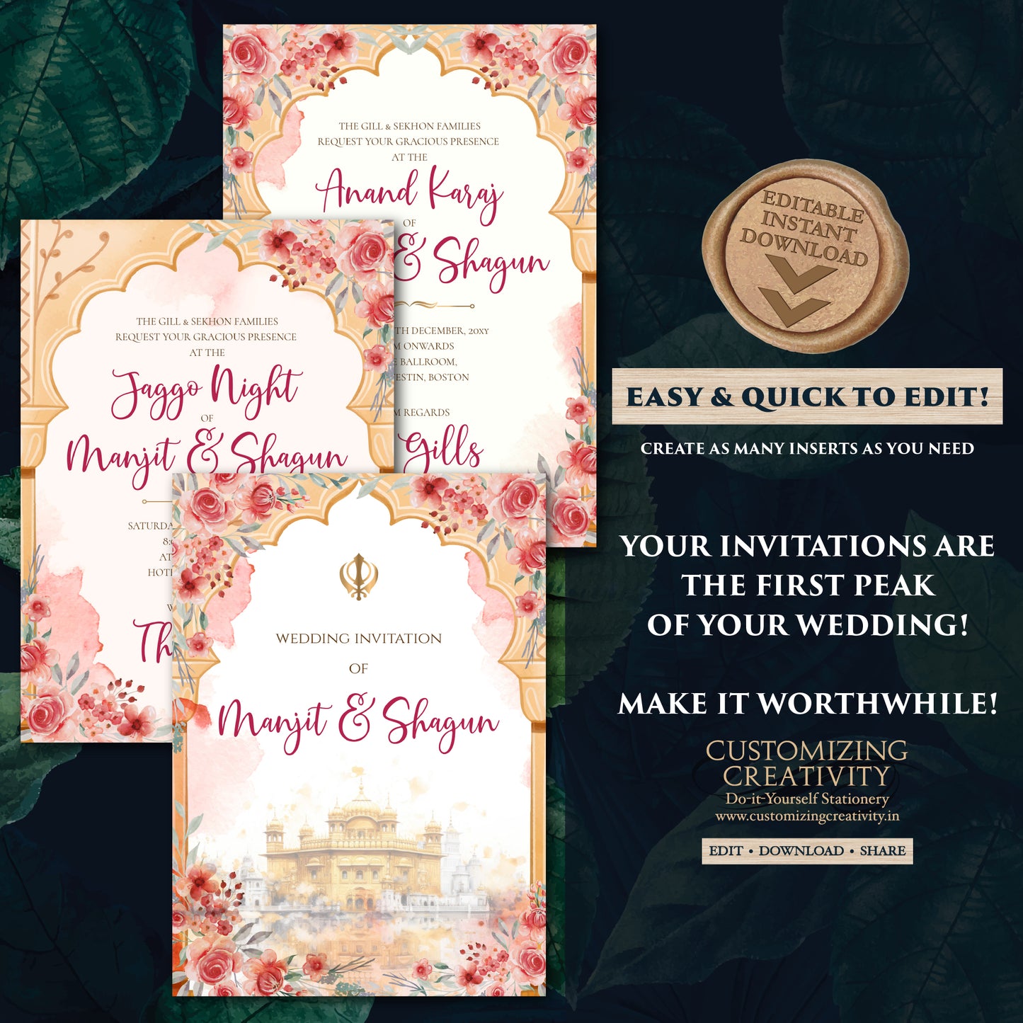 Digital Sikh Shaadi card Punjabi wedding invitation, Punjabi Wedding card & Sikh Wedding invitation, Indian wedding Anand Karaj invitation
