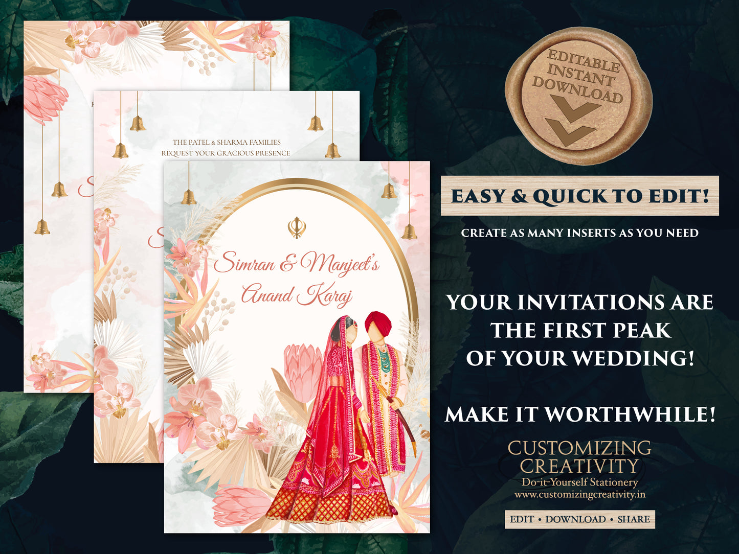 Sikh wedding card as Anand Karaj invitation, Sikh Wedding Invite Indian as Punjabi Wedding invite, Sikh invitations as Punjabi wedding card