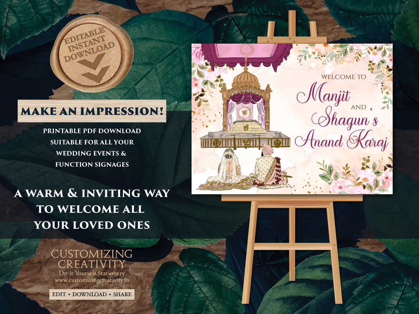 Anand Karaj Welcome Sign & Sikh Wedding Sign, Anand Karaj Signs as Punjabi Wedding Signs, Sikh Wedding Welcome sign as Punjabi Wedding Signs