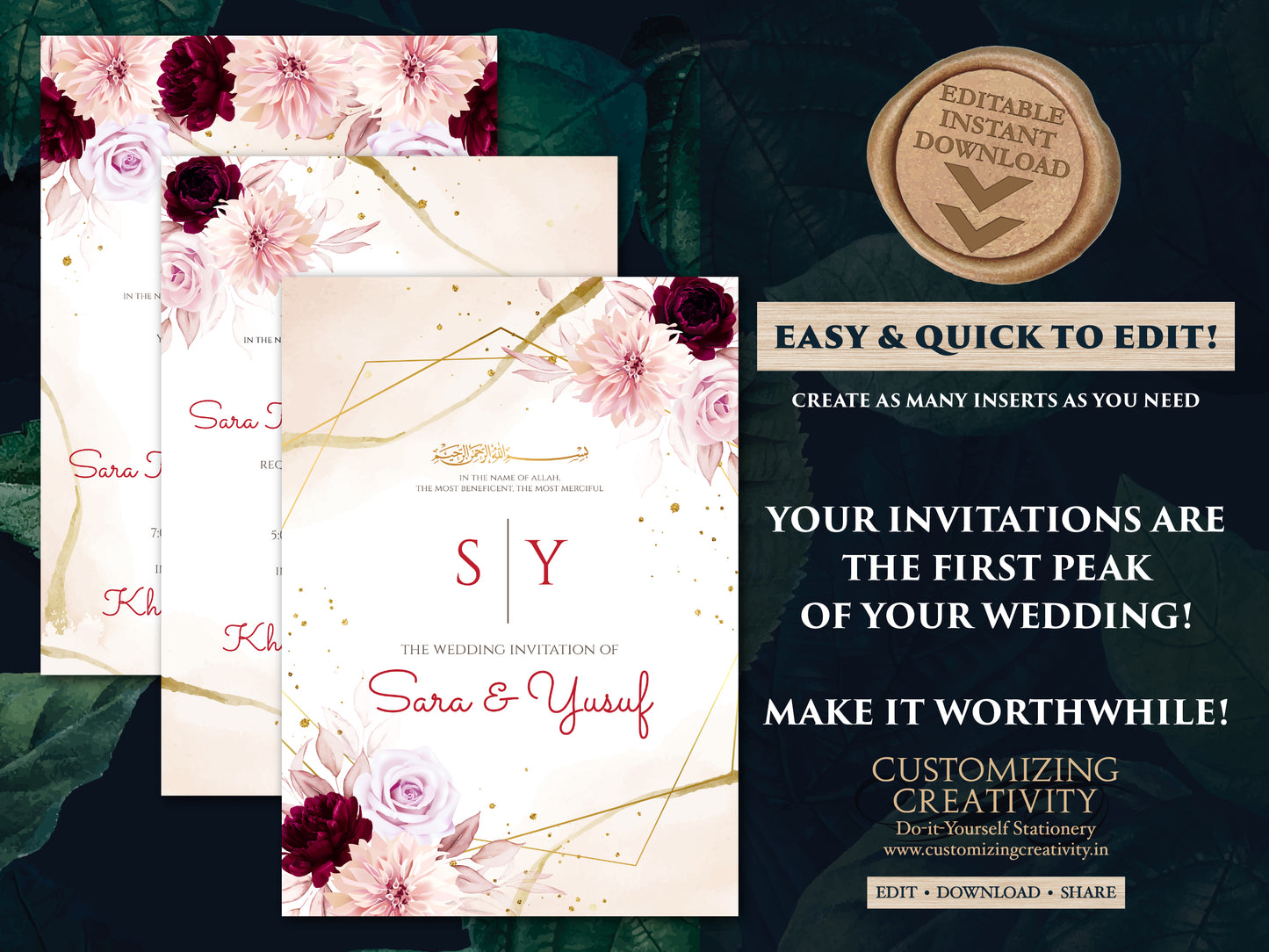 Digital Islamic wedding cards Muslim Nikkah cards, Digital Muslim Wedding Invite Islamic & Nikkah invitation, Pakistani Wedding cards Muslim