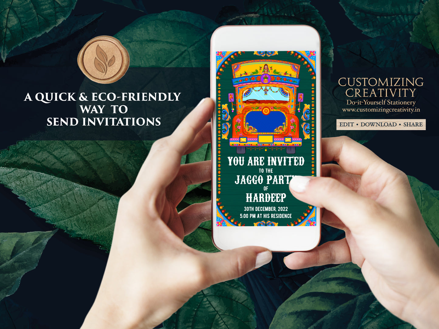 Jago Party invite & Bollywood party invite digital, Jaggo invites as Indian truck art invites, Jaggo Night invites, Punjabi party invitation