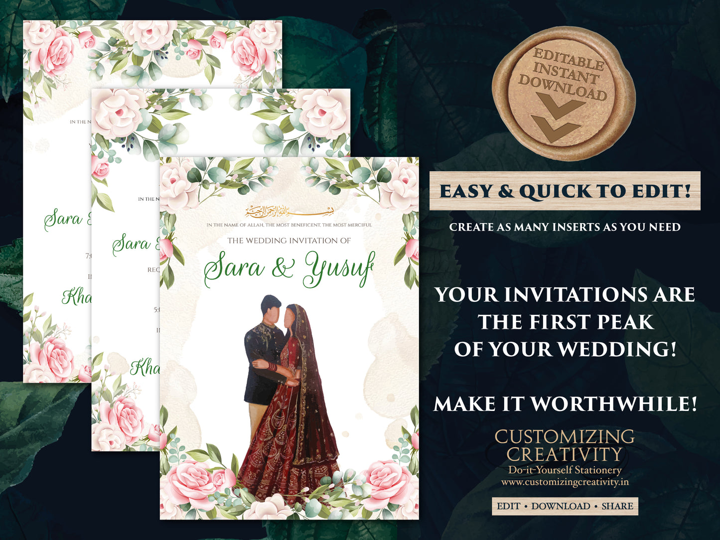 Arabic Invitation Pakistani & Digital Nikah invitations, Muslim Invitations Nikkah invite Digital, Muslim wedding card as Walima invitations