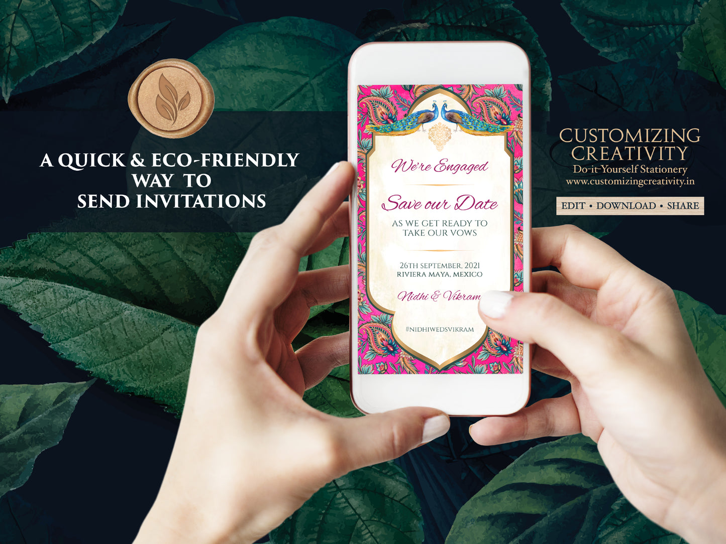 Save the date template digital download for your Boho Indian Theme Wedding Invitation Card with Peacocks, Paisleys & flowers in Fuchsia pink