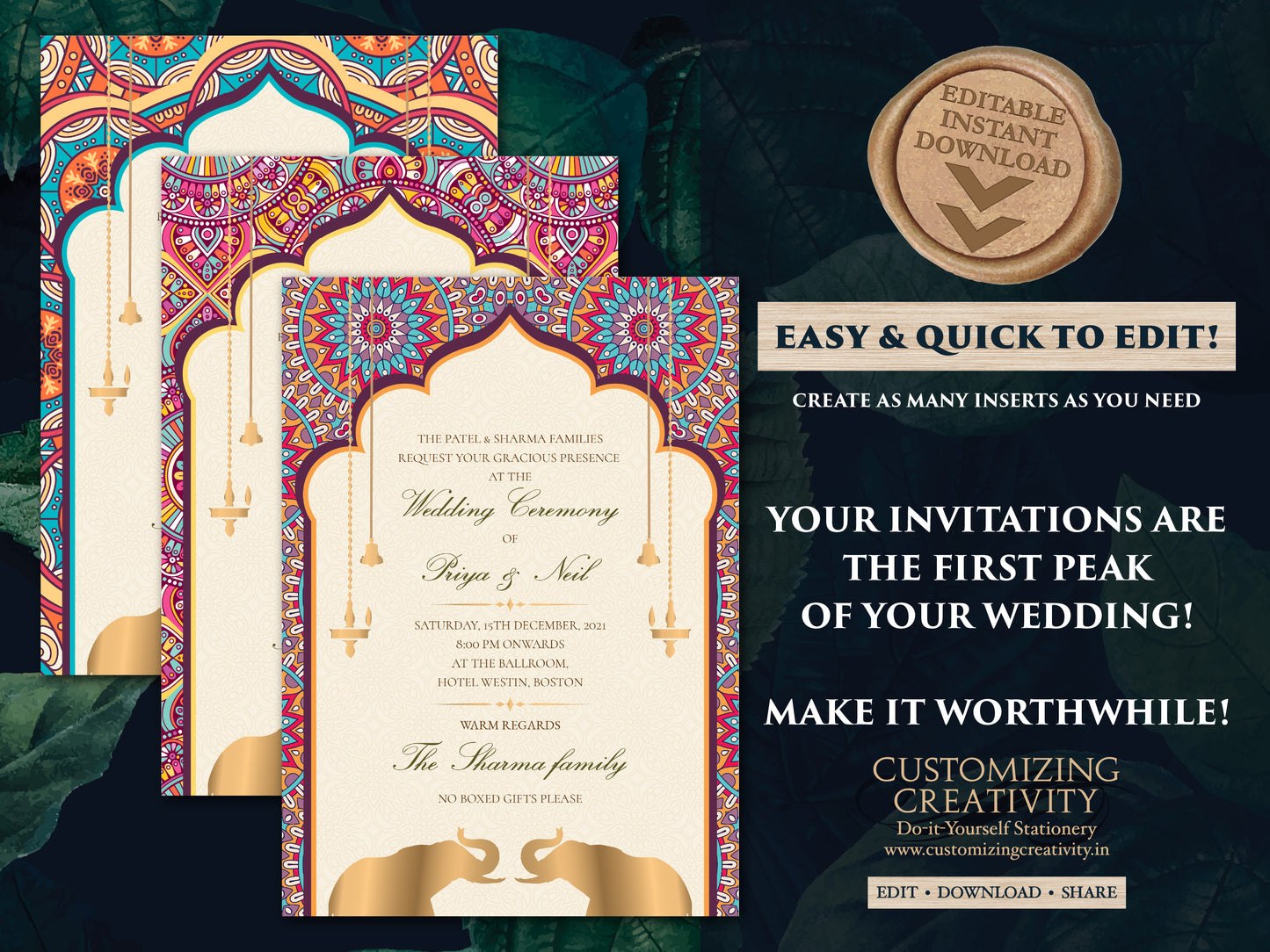 Elephant invitations Mandala as Indian invites Elephant, Indian Wedding cards as Elephant Wedding Invite Mandala, Invites Indian Elephants