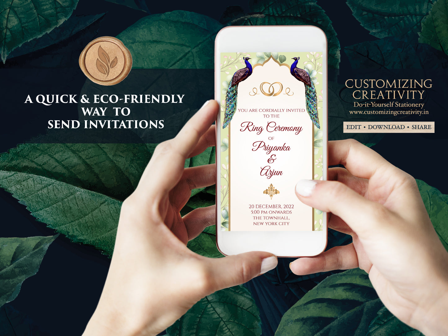 Electronic Engagement invitation Peacock as Ring Ceremony cards Digital, Digital Ring Ceremony invites & Indian Engagement cards Peacock