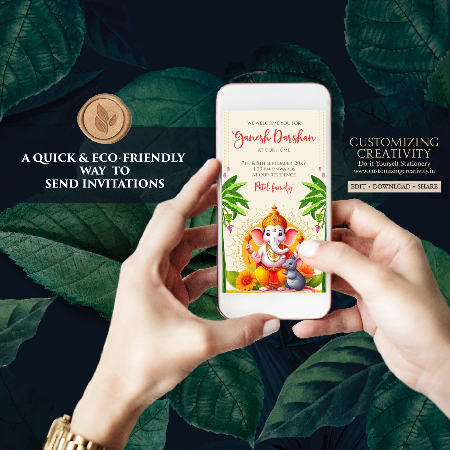 Digital Ganpati invites Ganesh invitations Ganesh Chaturthi card, Ganpati darshan invitation card Ganesh pooja invite as Ganpati invitations