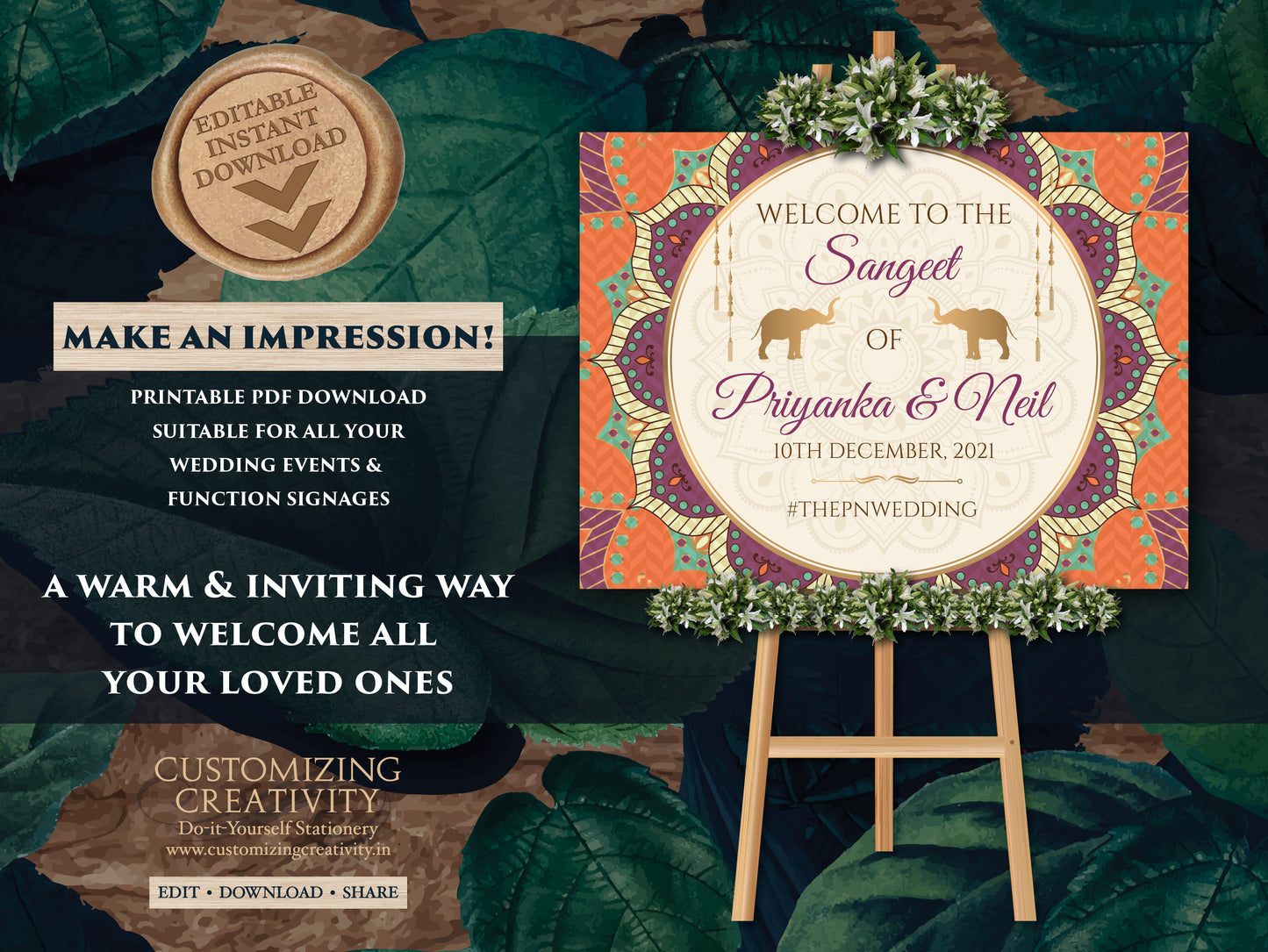 Indian Welcome Signs for Mandala Wedding sign, Elephant Welcome Sign as Wedding Sangeet Sign, Indian Wedding Sign template as Ladies Sangeet